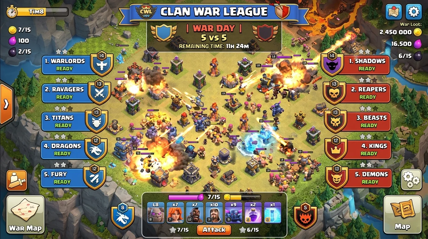 Two Clan War League shields facing off in an epic battle scene
