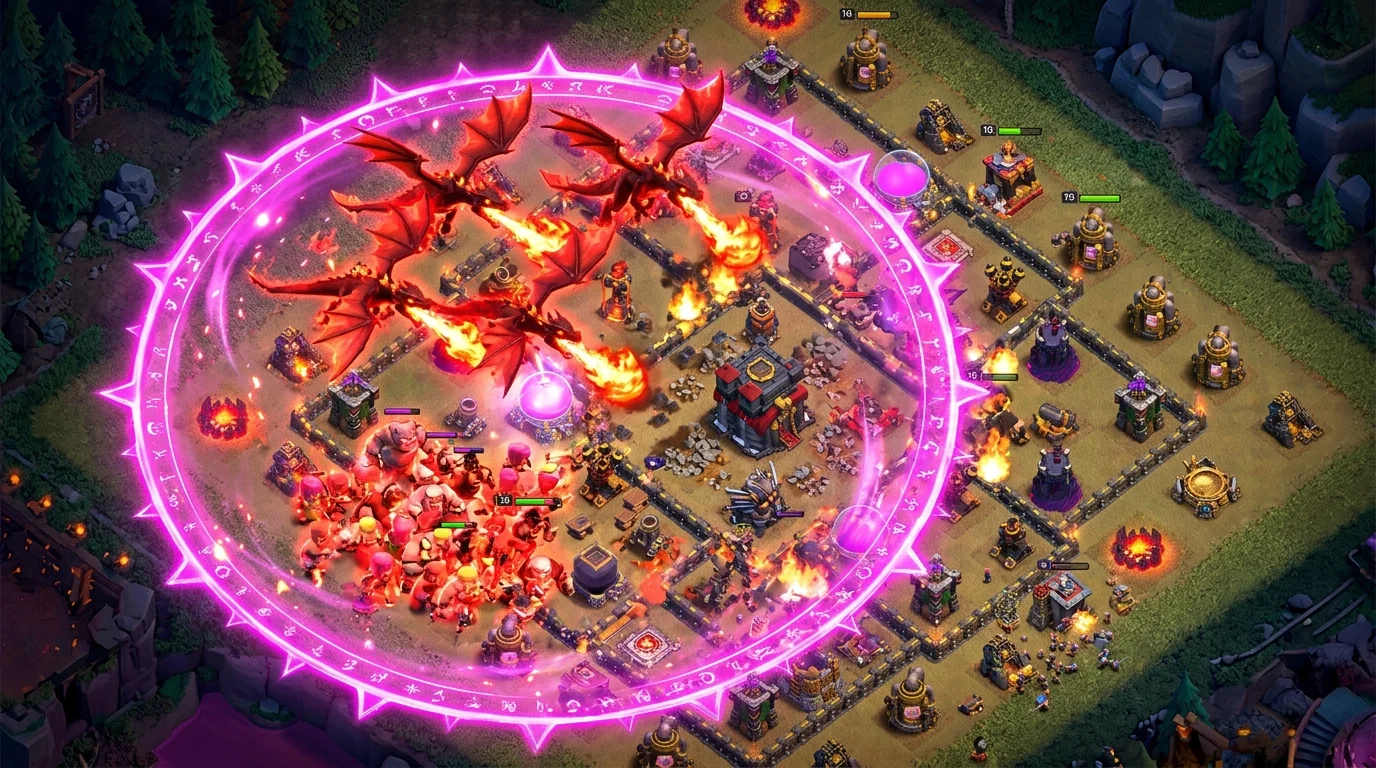 The new Angry Spell from Clash of Clans casting a glowing magenta aura over attacking troops, June 2026 update