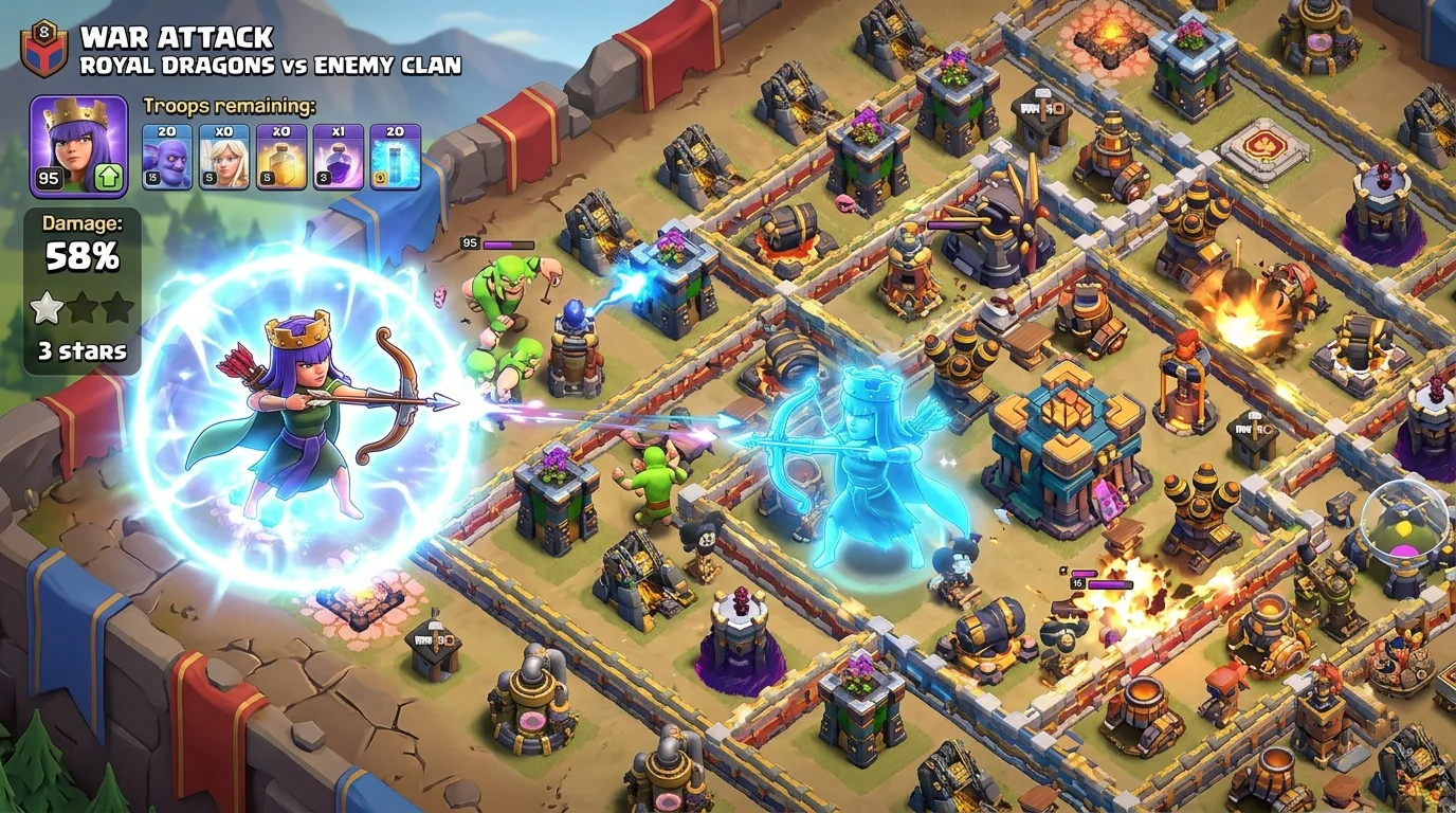 Clash of Clans Archer Queen using Royal Cloak with Magic Mirror creating a duplicate queen, both attacking defenses in a TH16 war base