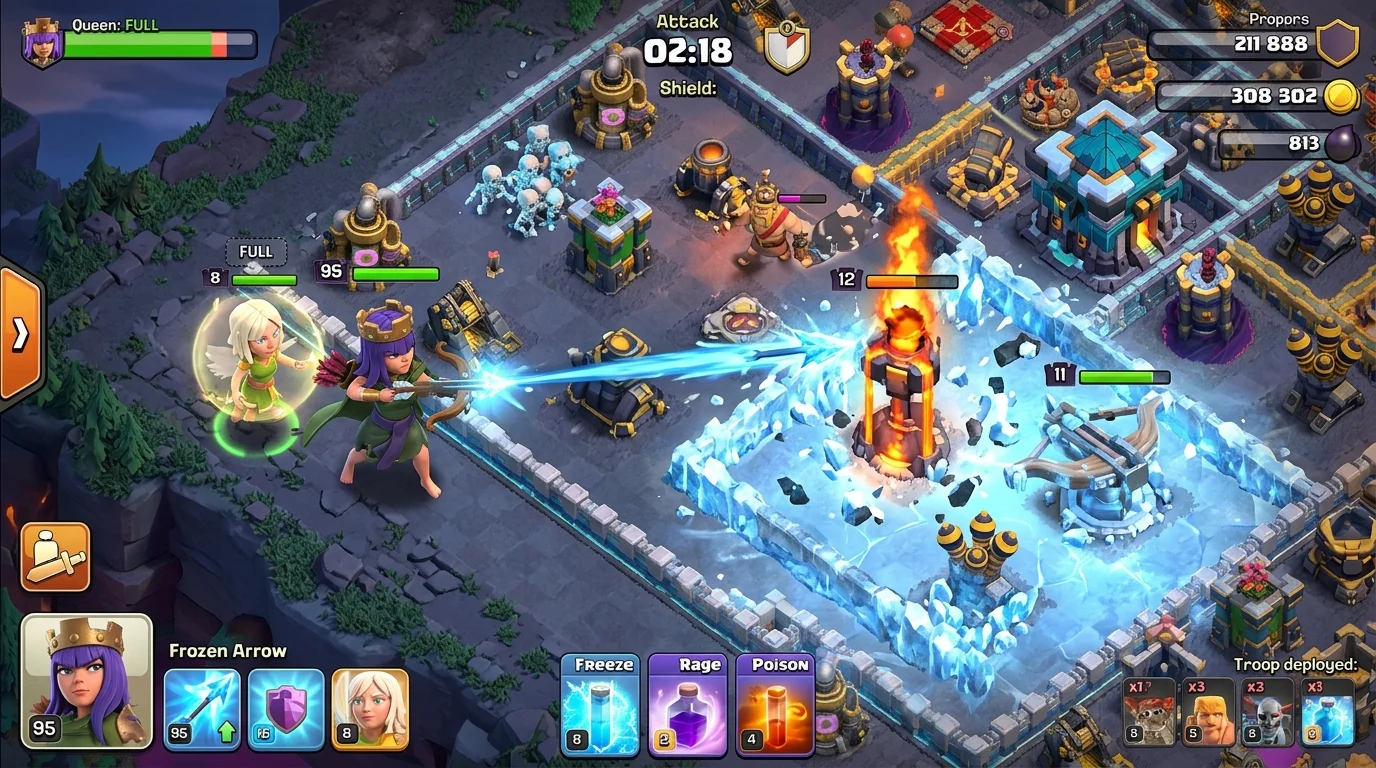 Clash of Clans Archer Queen with Frozen Arrow equipment freezing Inferno Tower and X-Bow mid-Queen Charge on a TH17 war base