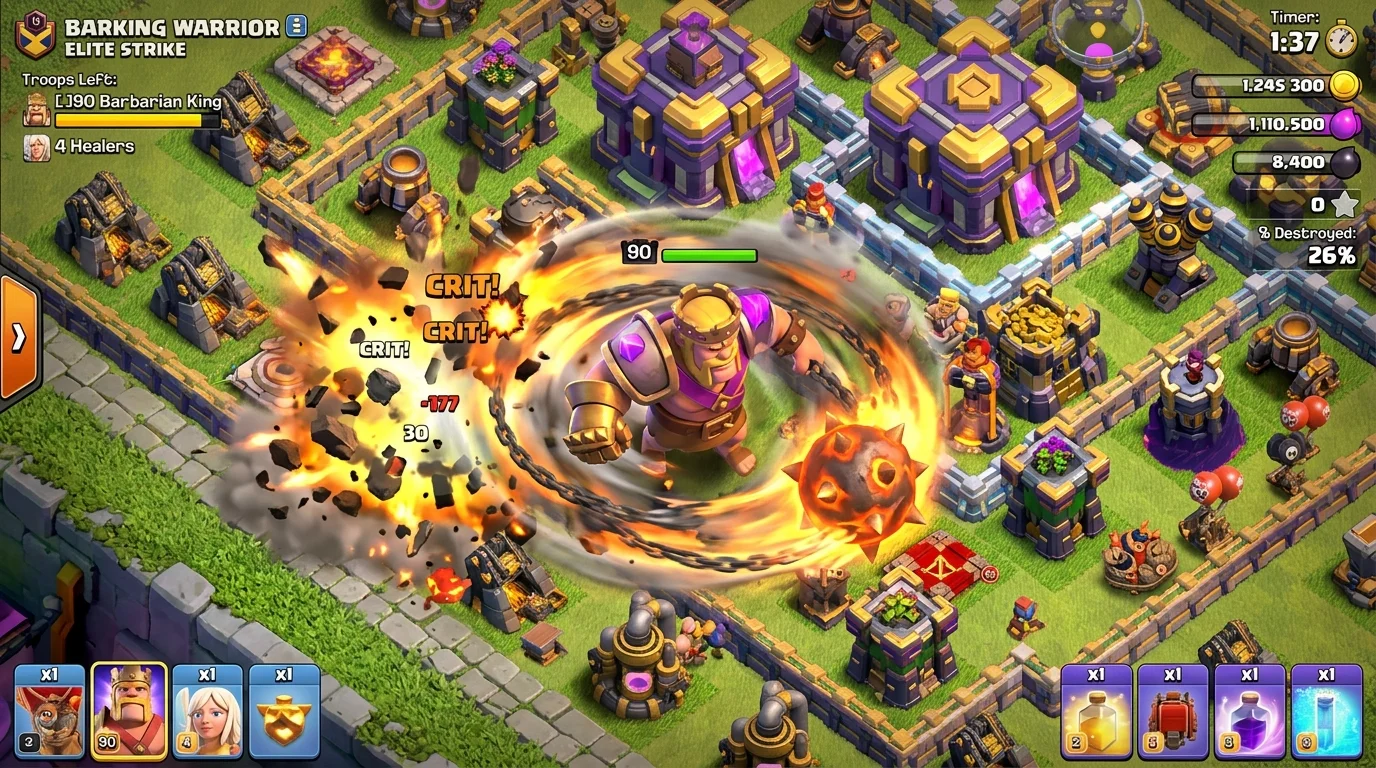 Clash of Clans Barbarian King using Spiky Ball ability spinning through outer base buildings during funneling phase of a TH15 war attack