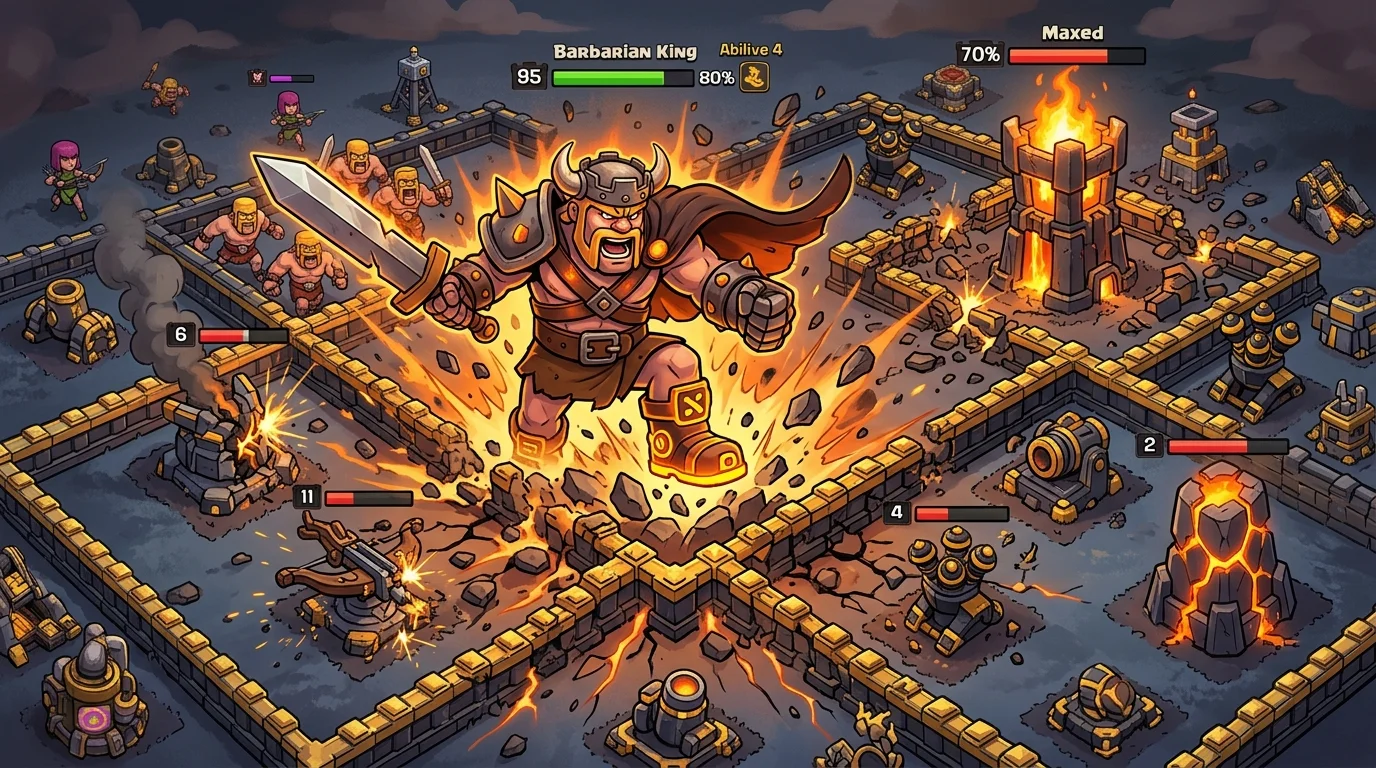 Clash of Clans Barbarian King using Earthquake Boots shockwave cracking walls and damaging buildings in a multi-compartment TH16 war base