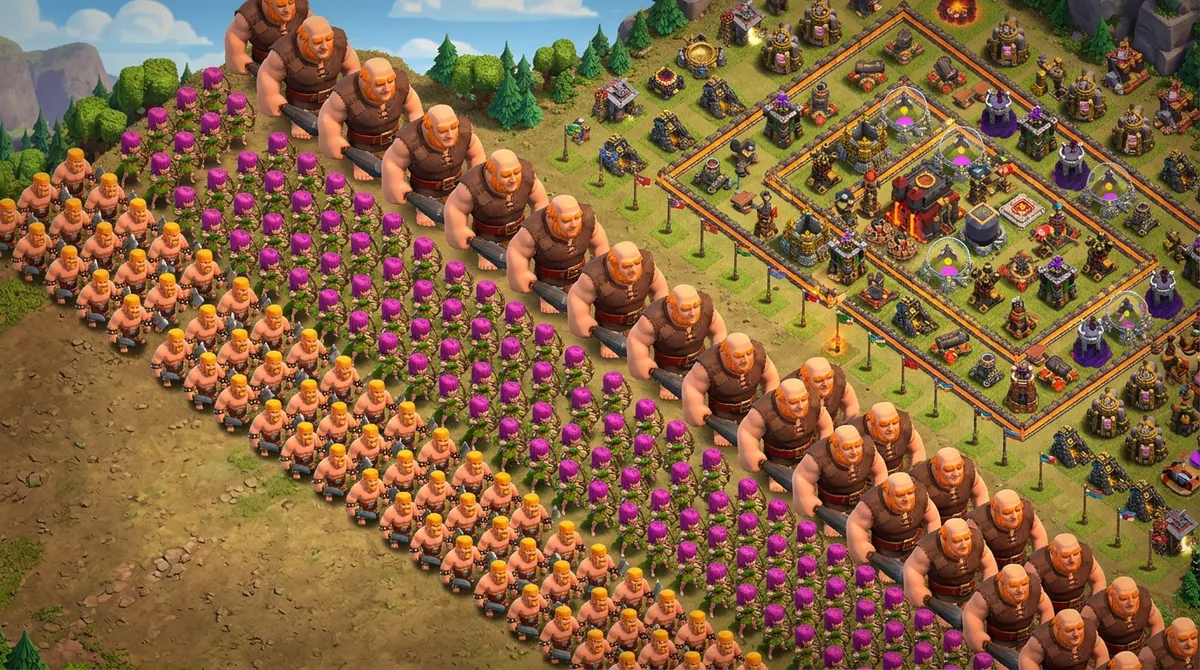 A war camp at dawn with troops assembled in ordered ranks beside siege machines, standing in for a Clash of Clans clan games army