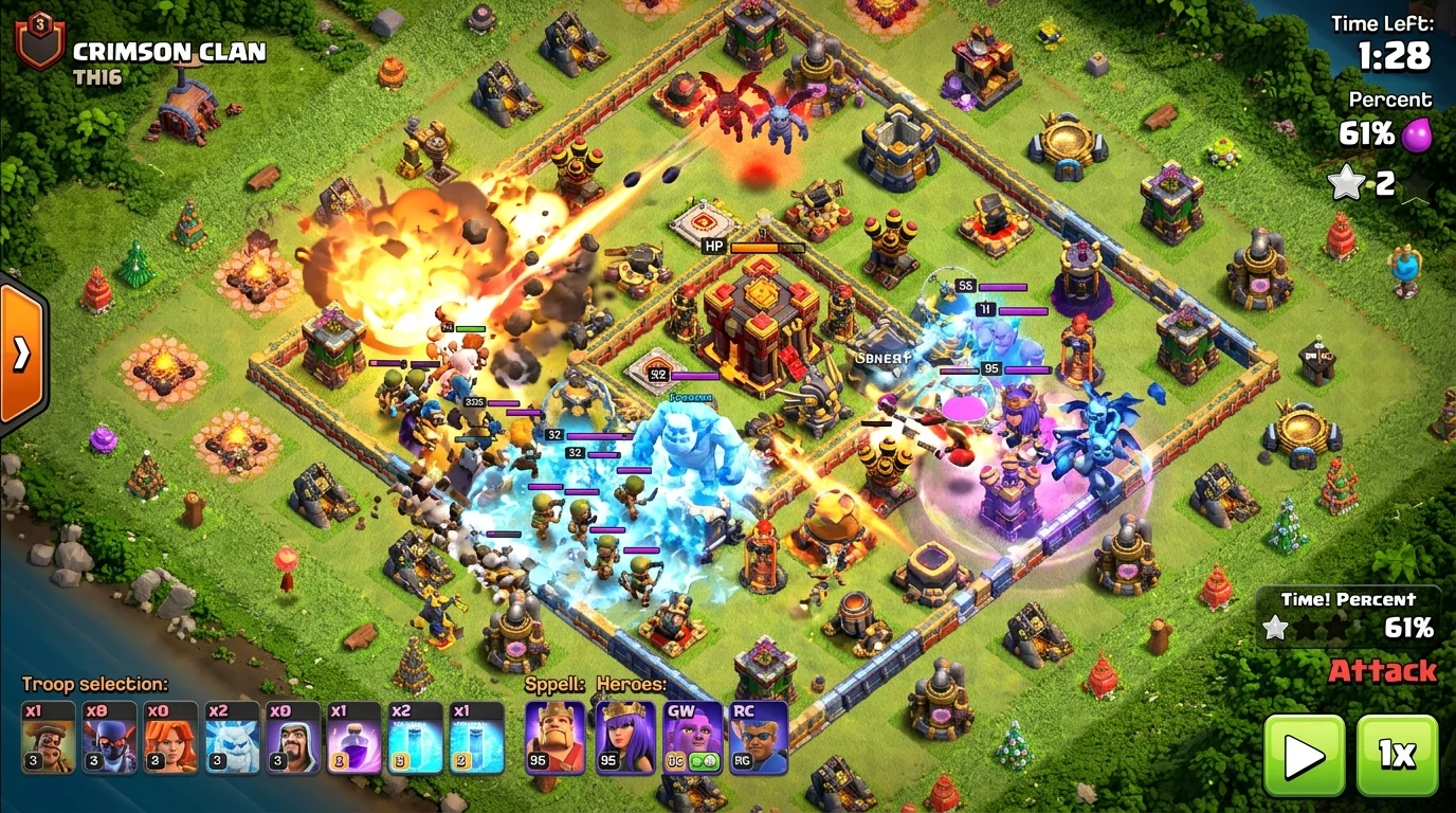 Clash of Clans TH16 base under attack with clan castle troops defending against Root Riders and hero dives with explosions and spell effects