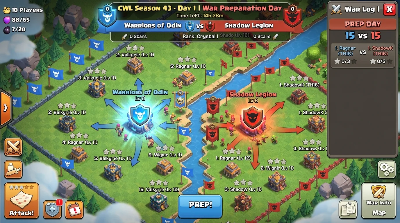 Clash of Clans CWL clan war league map overview showing multiple clan villages with war stars and battle results