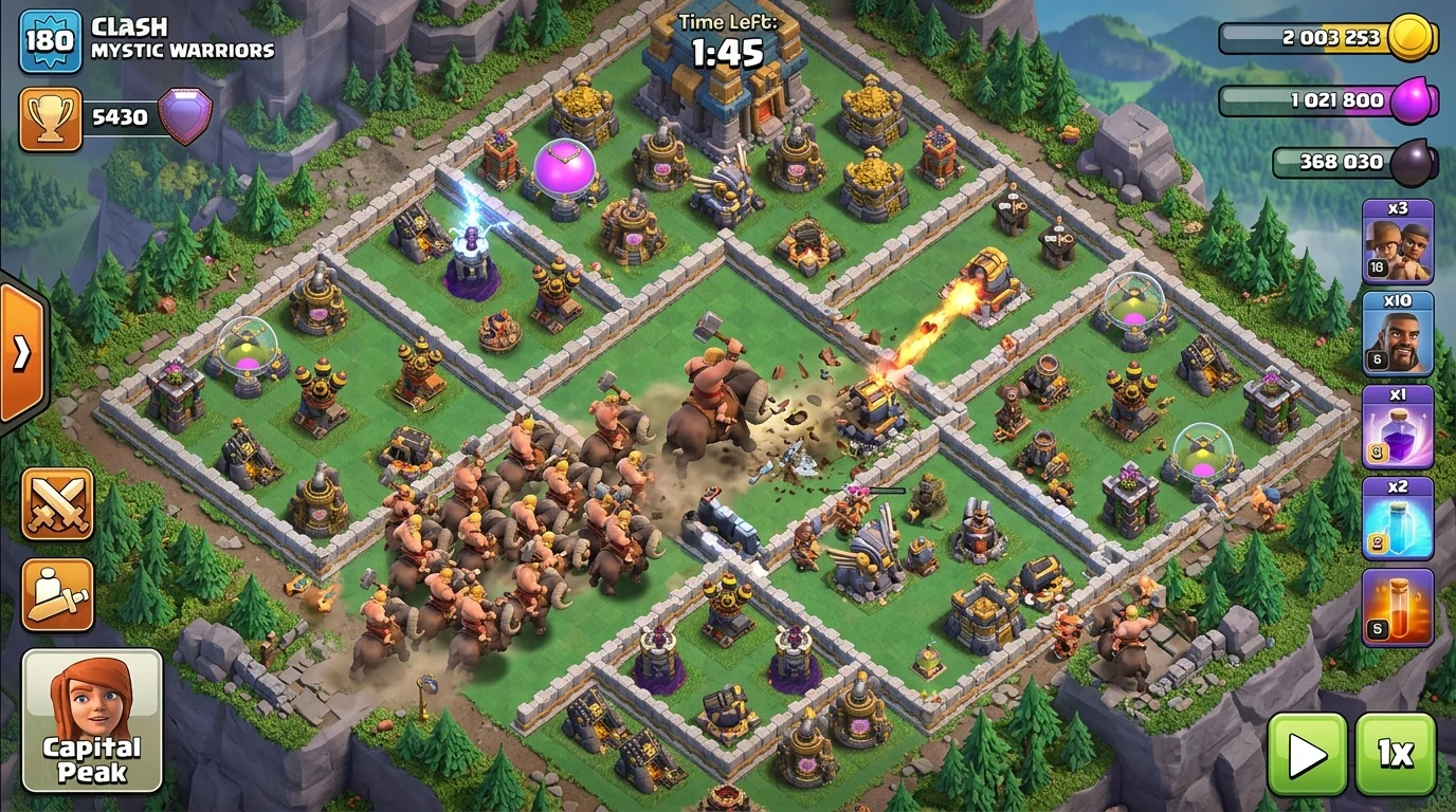 Clash of Clans Clan Capital district base layouts showing Barbarian Camp, Dragon Cliffs, and Goblin Mines defensive designs