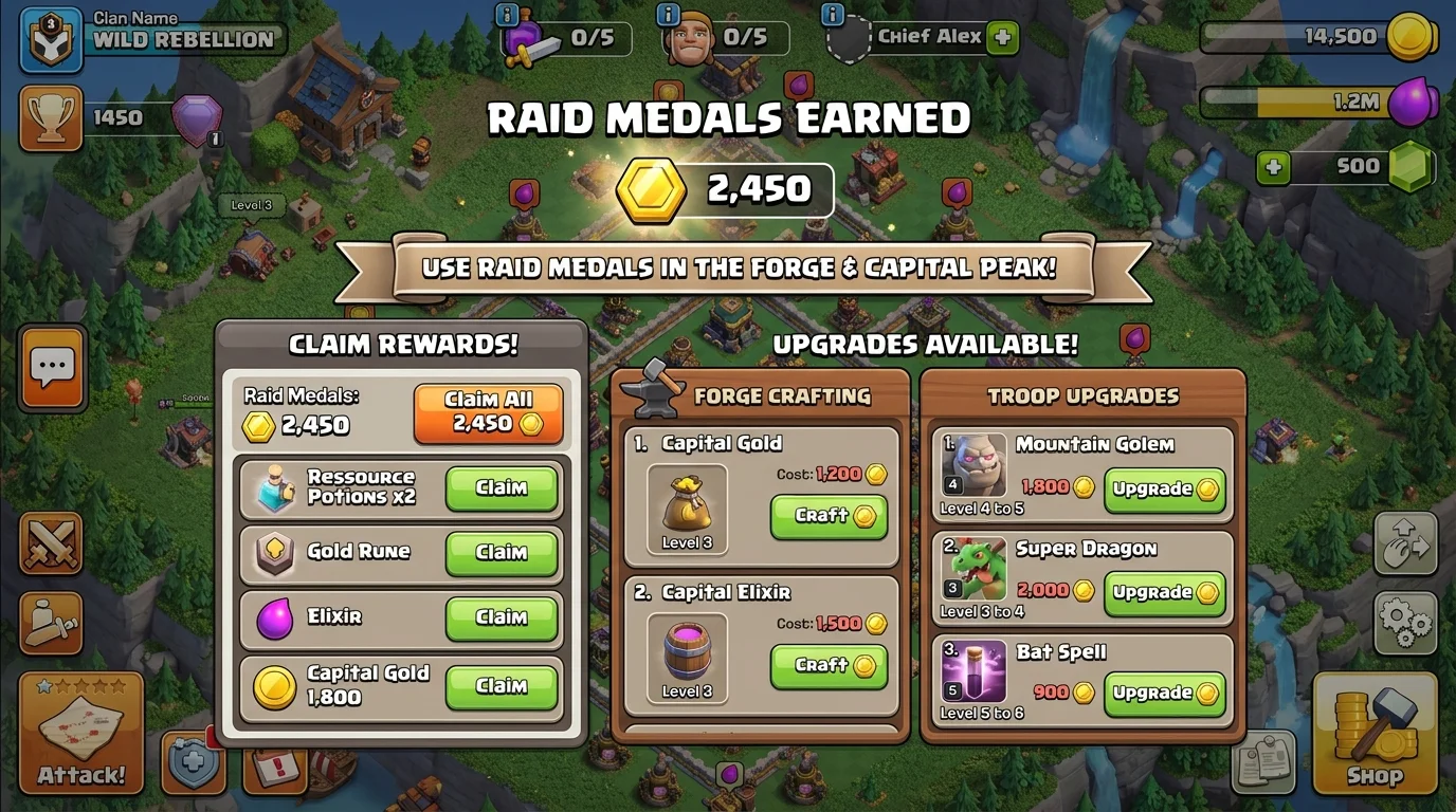 Clash of Clans Raid Weekend interface showing raid medals earned breakdown and Capital Gold loot totals
