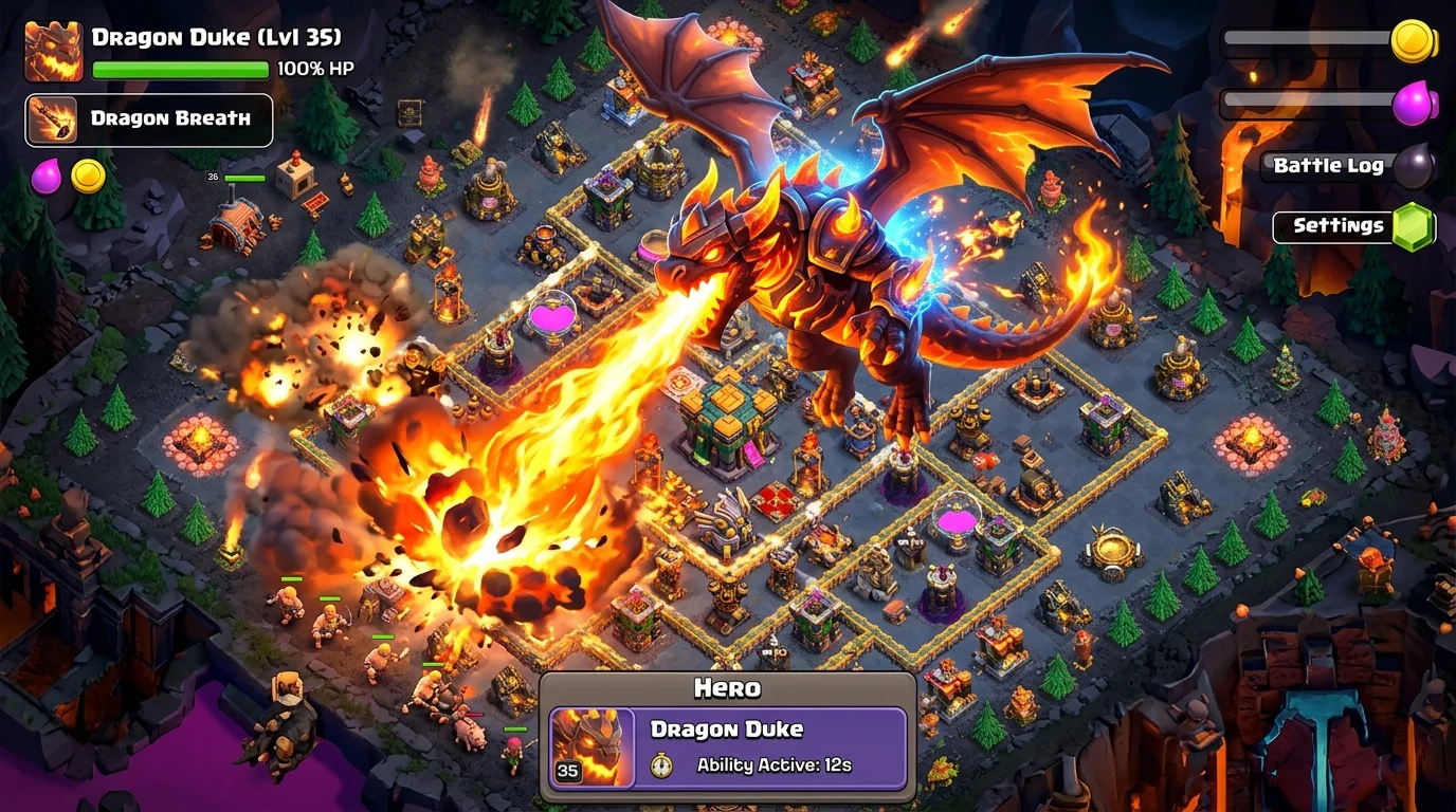 Dragon statue breathing massive flames into the night sky at a theme park, evoking the fiery power of Clash of Clans Dragon Duke
