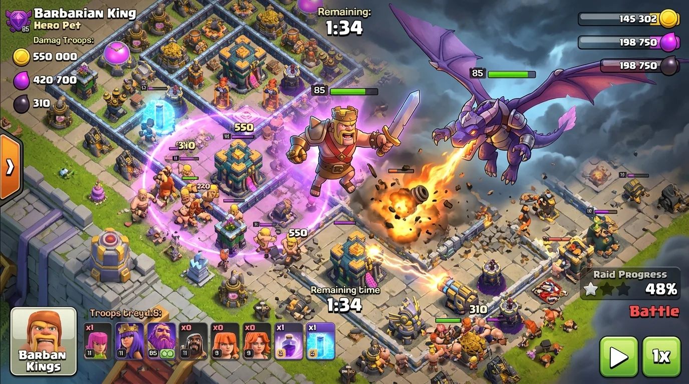 Dramatic dragon statue with flames erupting from its mouth against a dark sky, representing the Dragon Duke's Fire Heart equipment