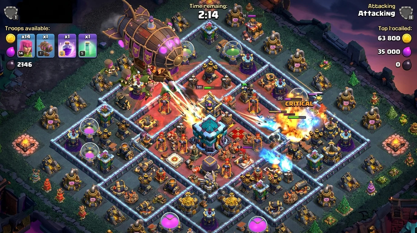 Clash of Clans Super Archer Blimp attack with giant balloon dropping Super Archers onto a TH16 base from above as archers shoot through walls