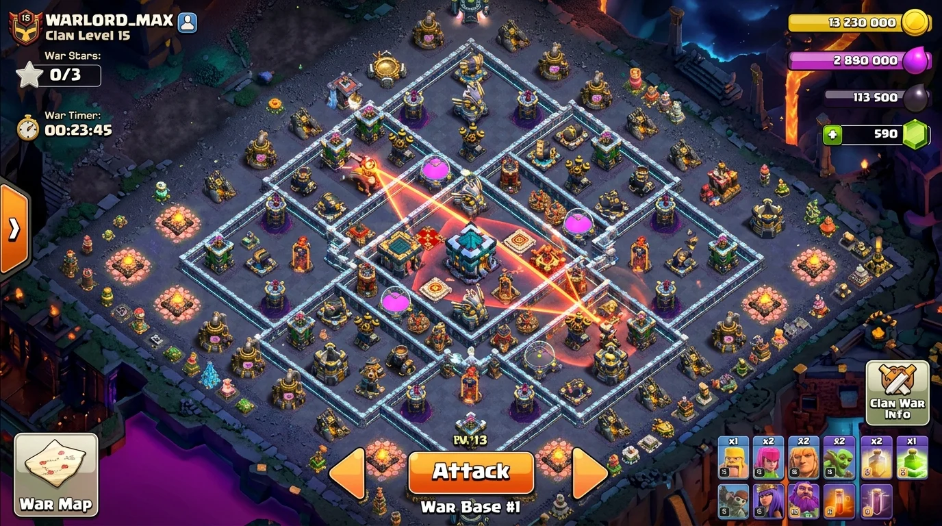 Clash of Clans TH13 war base design showing Scattershot diagonal crossfire coverage, centralized Eagle Artillery, and deep Clan Castle placement