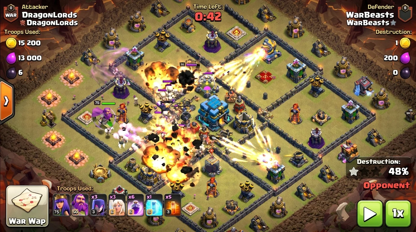 Clash of Clans TH13 war base successfully defending against a 2-star Queen Charge Super Witch attack with trap clusters and Scattershot crossfire visible
