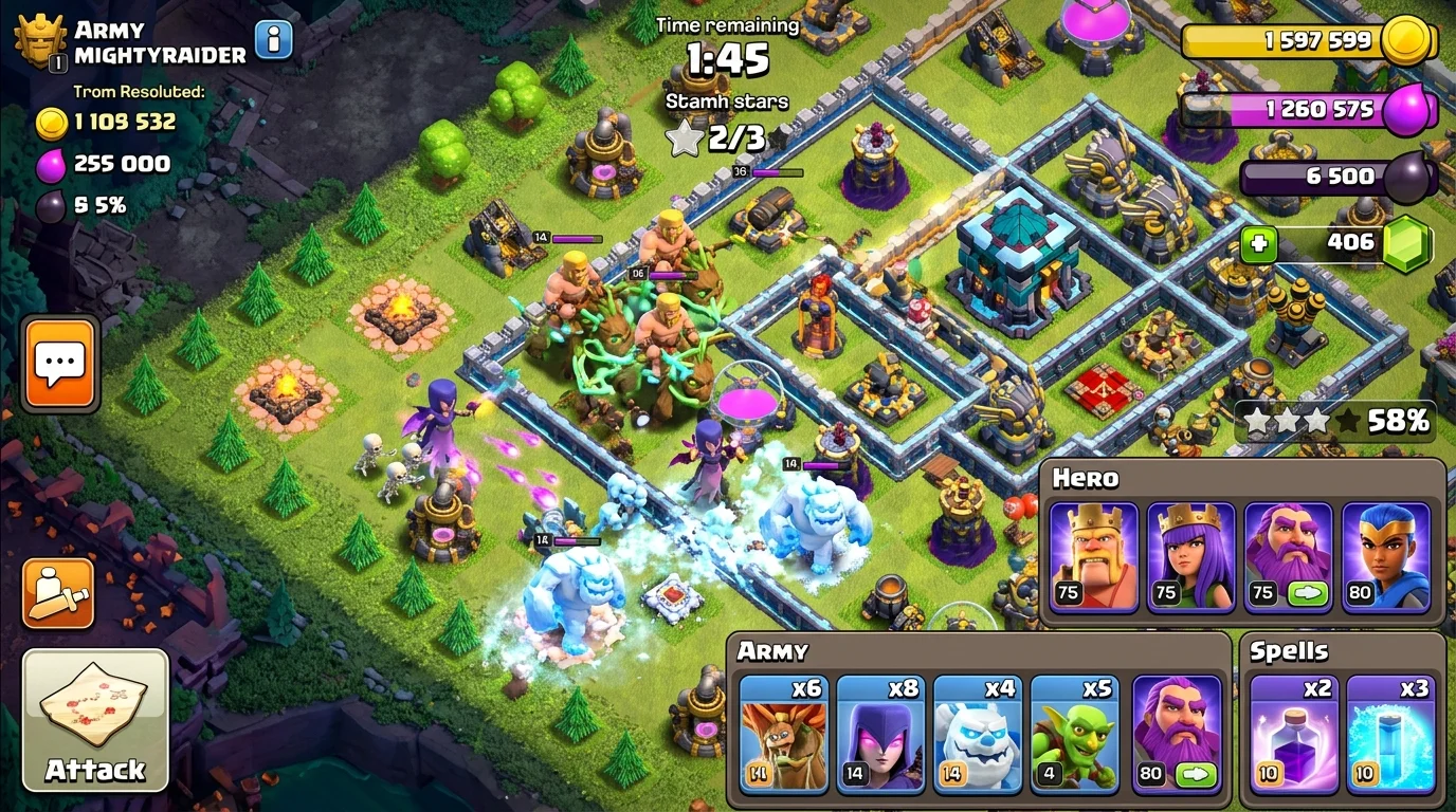 Clash of Clans TH14 Dragon Duke split push attack showing dual air and hero dive paths on a split-core base