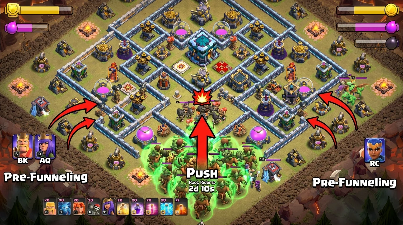 Clash of Clans TH14 war attack funneling diagram showing Archer Queen and Barbarian King pre-funnel positions and main army entry path