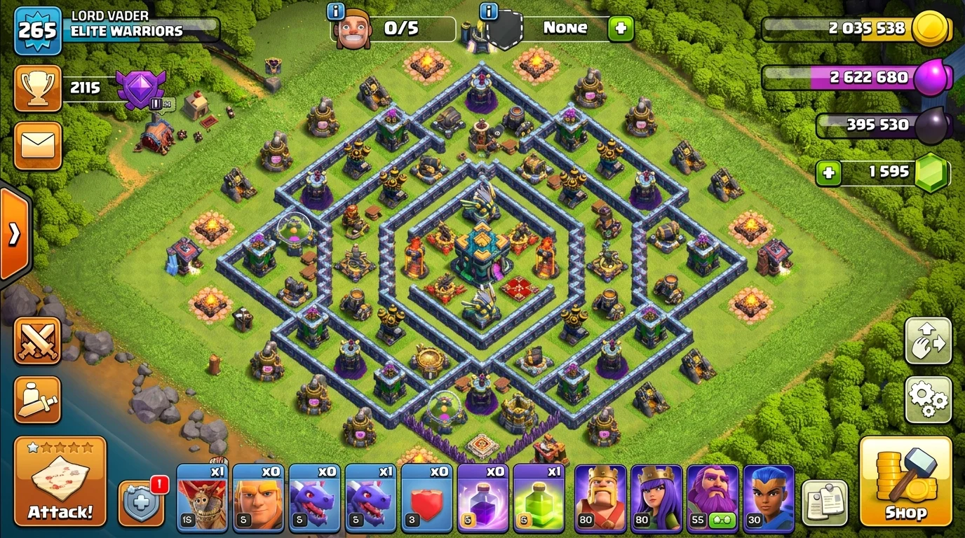 Clash of Clans TH14 war base layout showing centralized Town Hall with defensive ring design and Scattershots in crossfire positions