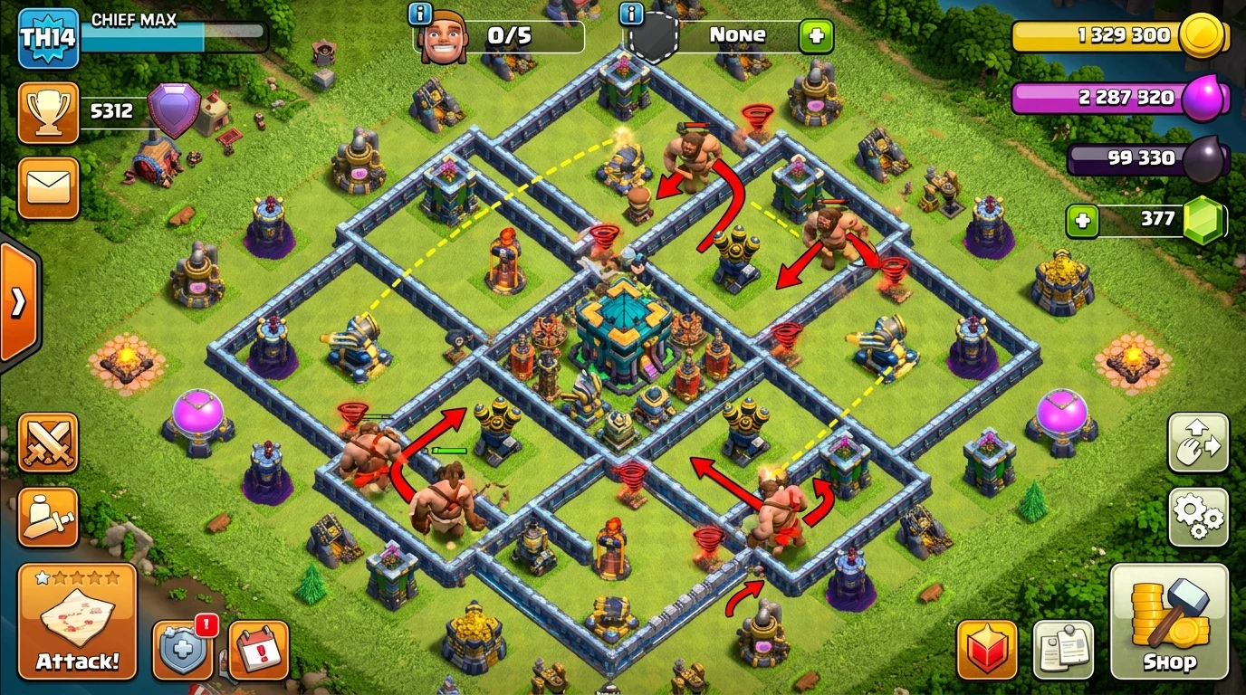 Clash of Clans TH14 war base design diagram showing Scattershot crossfire angles, compartment rings, and central Town Hall placement