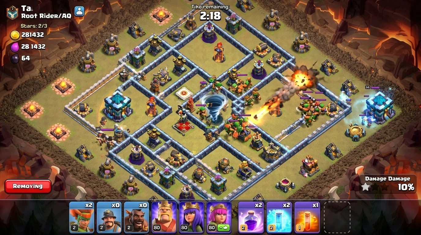 Clash of Clans TH14 war base defending successfully against Root Rider attack with 2-star result, Scattershots and Tornado Traps visible