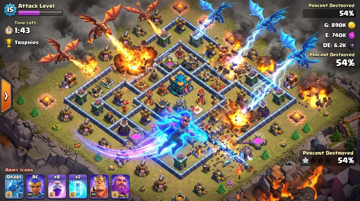 Clash of Clans TH15 base under attack with dragons flying overhead and Royal Champion charging through defenses