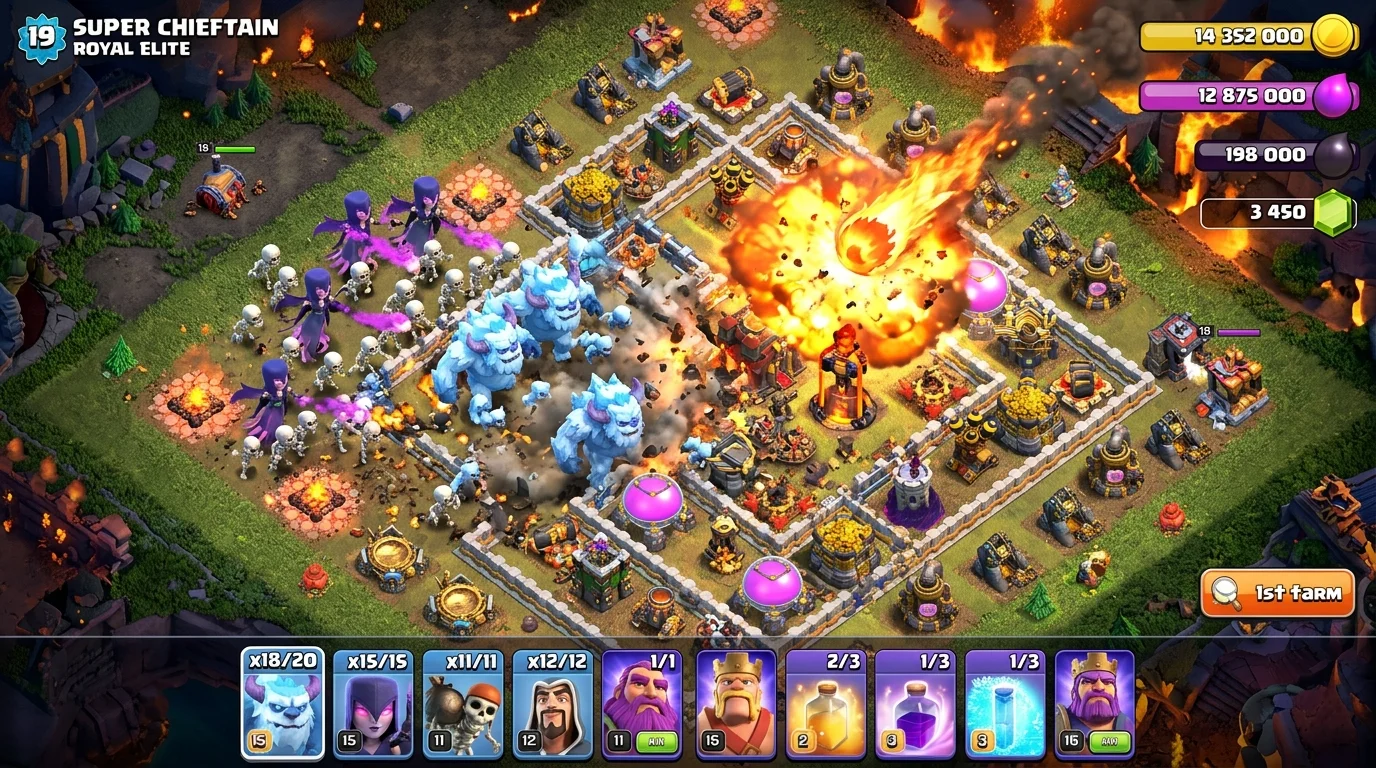 Clash of Clans Super Yeti army smashing through base defenses with Fireball spells and witches summoning skeletons