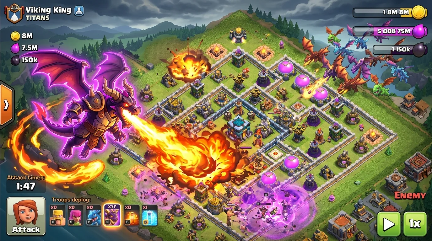Clash of Clans Dragon Duke hero flying solo over a village base with Royal Rampage active and fire breath destroying buildings