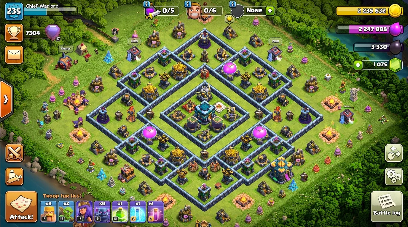Clash of Clans TH16 farming base layout with Dark Elixir Storage centralized, Gold and Elixir Storages in inner compartments, and Town Hall positioned near outer edge