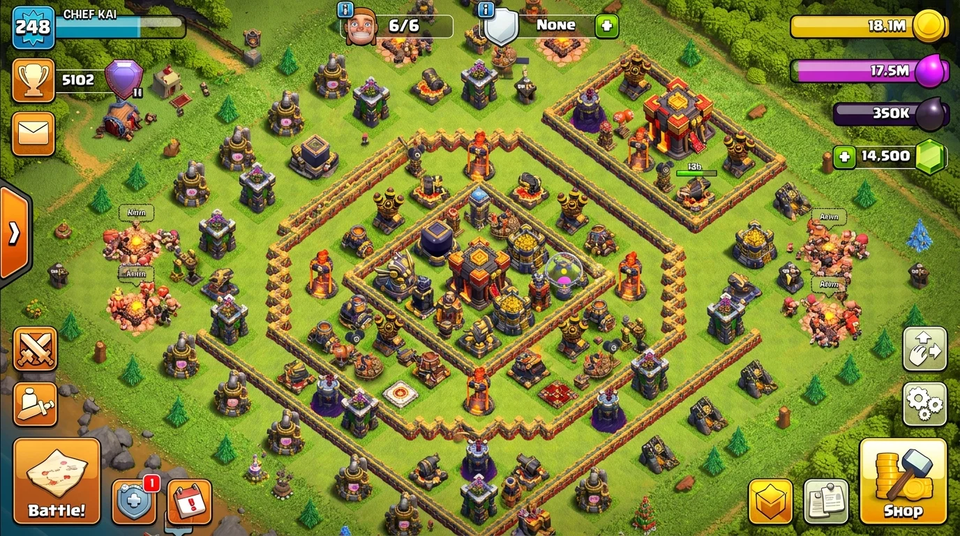 Clash of Clans TH16 farm base layered defense structure showing outer ring with Town Hall, middle defensive ring with Infernos, and centralized Dark Elixir Storage in core