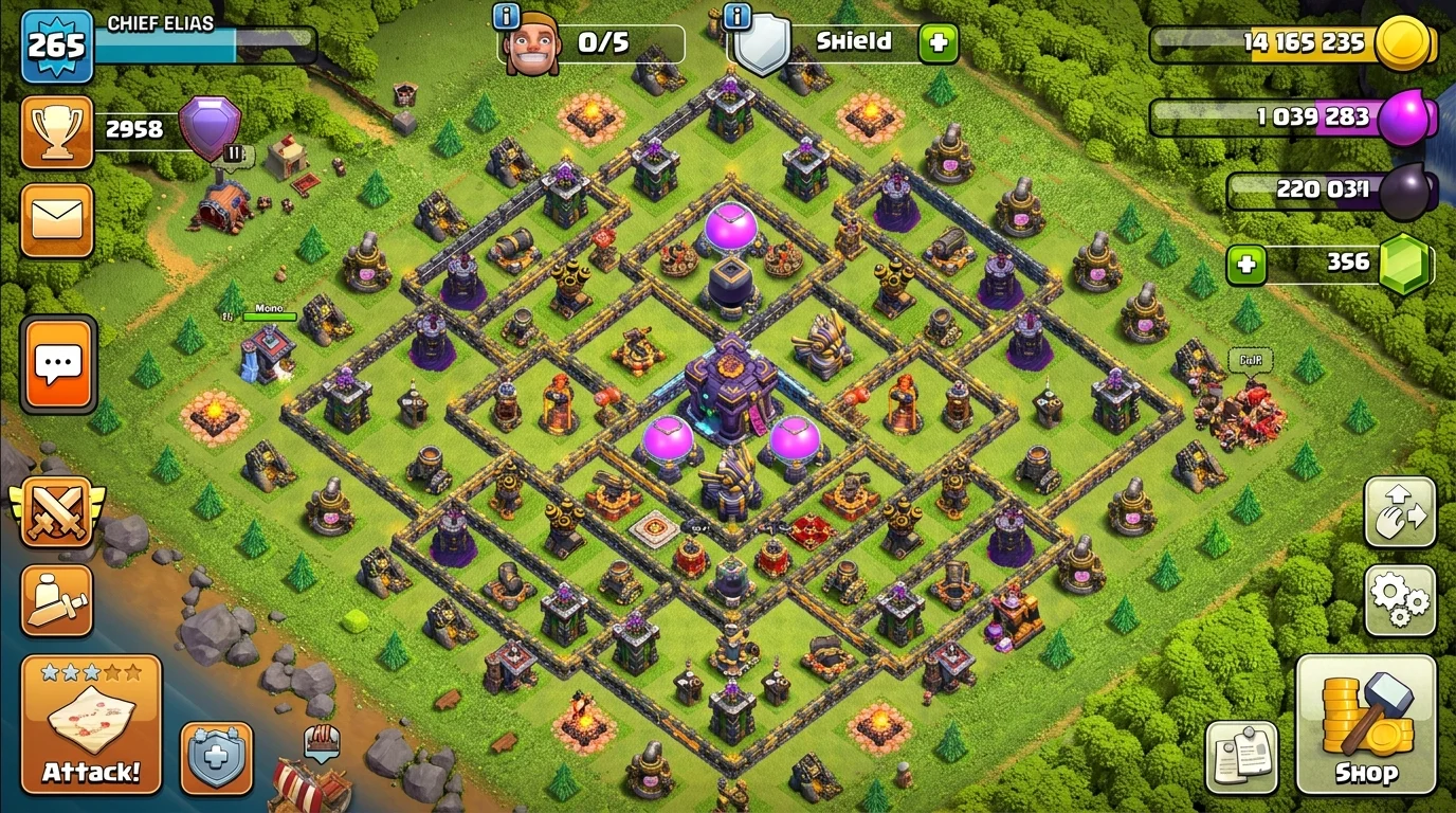 Clash of Clans TH16 anti-dive farm base layout showing multi-compartment wall structure with centralized Dark Elixir Storage and Eagle Artillery placement