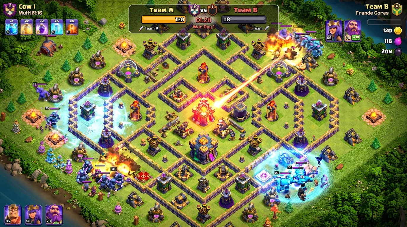 Clash of Clans TH16 war base aerial view with Multi-Gear Tower, Eagle Artillery, and Inferno Towers in compartmentalized ring design under attack
