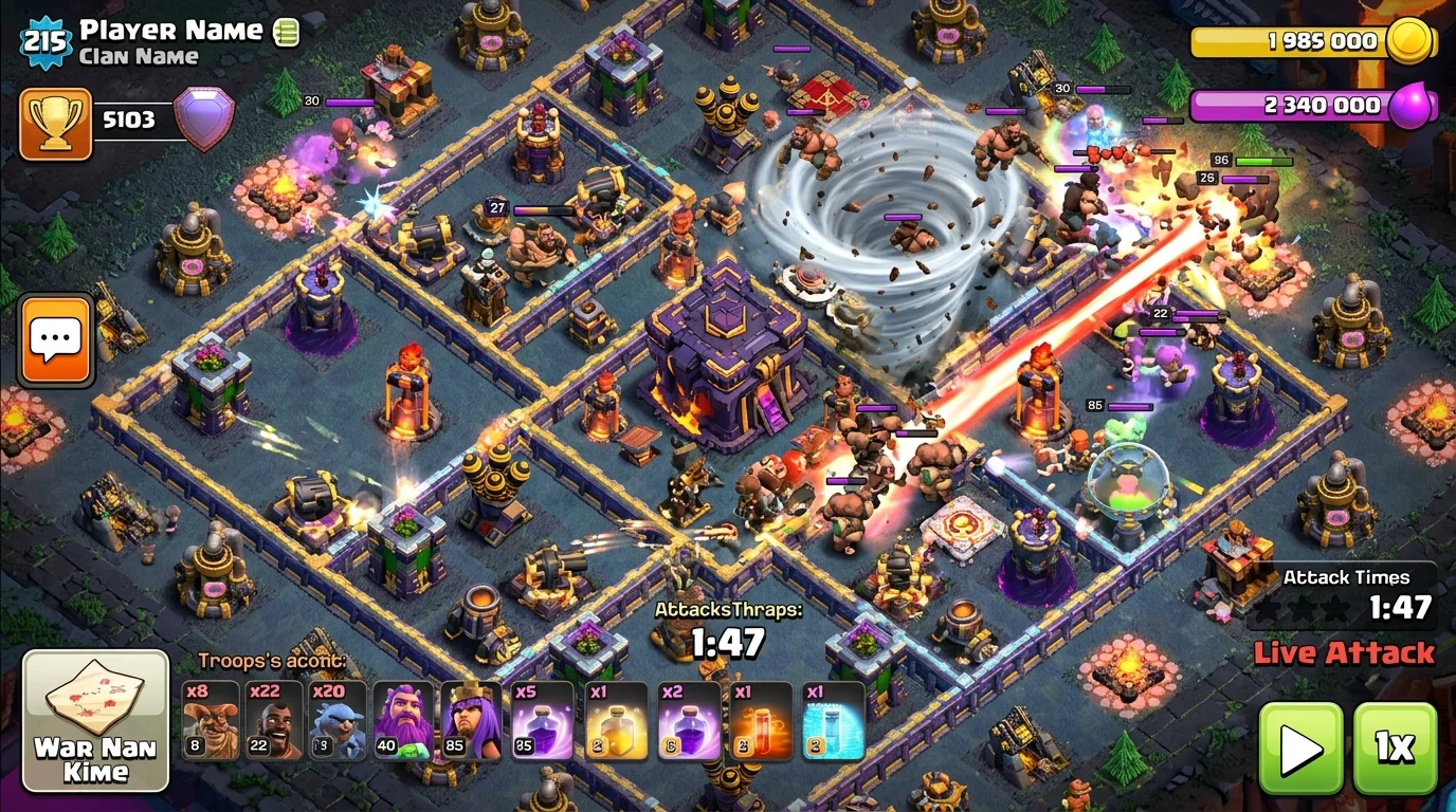 Clash of Clans Root Riders attacking a TH16 base with Tornado Trap pulling troops and Inferno Towers firing beams