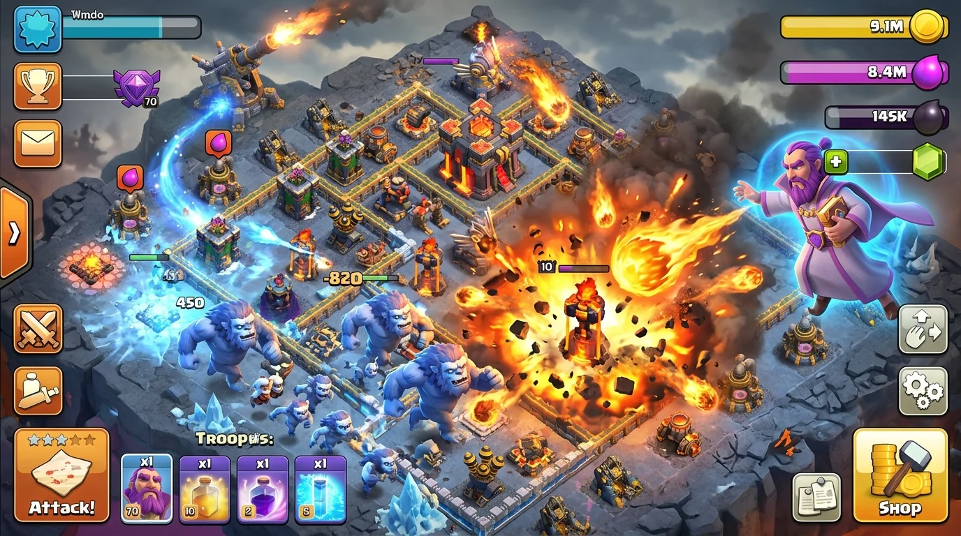 Clash of Clans Grand Warden Fireball hitting Inferno Tower while Yetis and Yetimites swarm through a TH16 base core