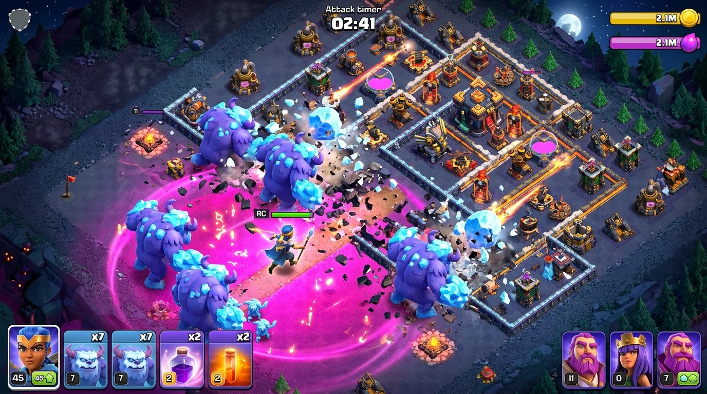 Clash of Clans Royal Champion charging into enemy TH17 base with Super Yetis smashing through walls and rage spell effects