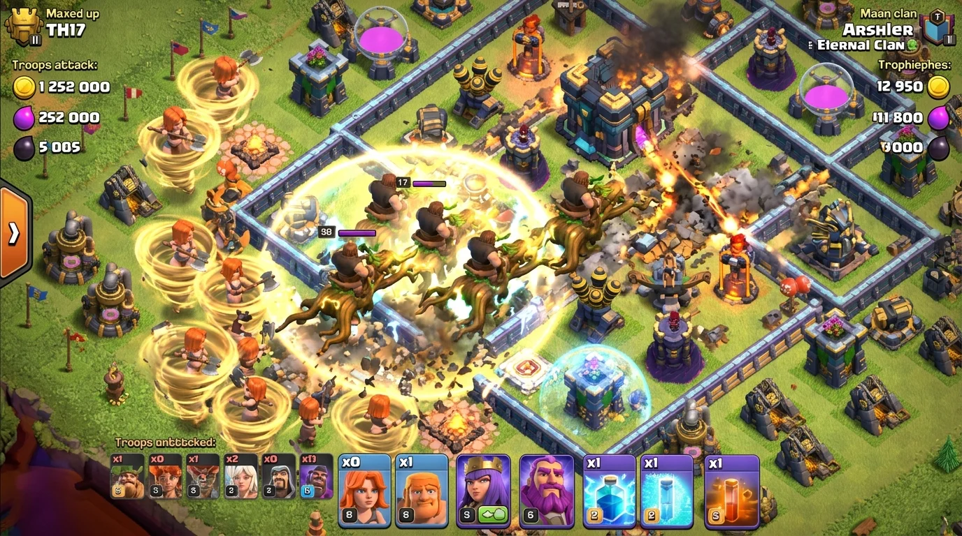 Clash of Clans Root Rider troops smashing through TH17 base walls with Valkyries and healing spell effects