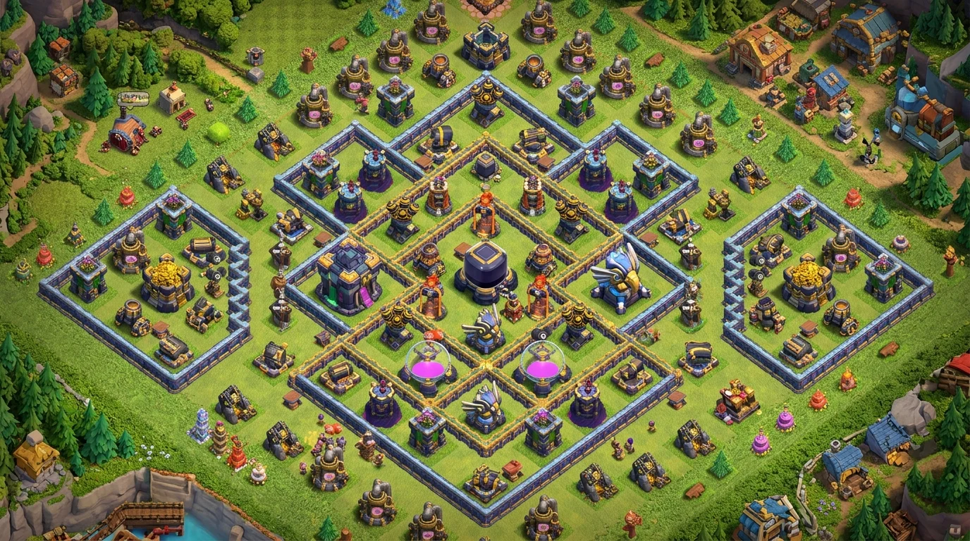 Clash of Clans TH17 farm base design showing centralized Dark Elixir storage surrounded by Monolith and Eagle Artillery with split Gold Storage placement