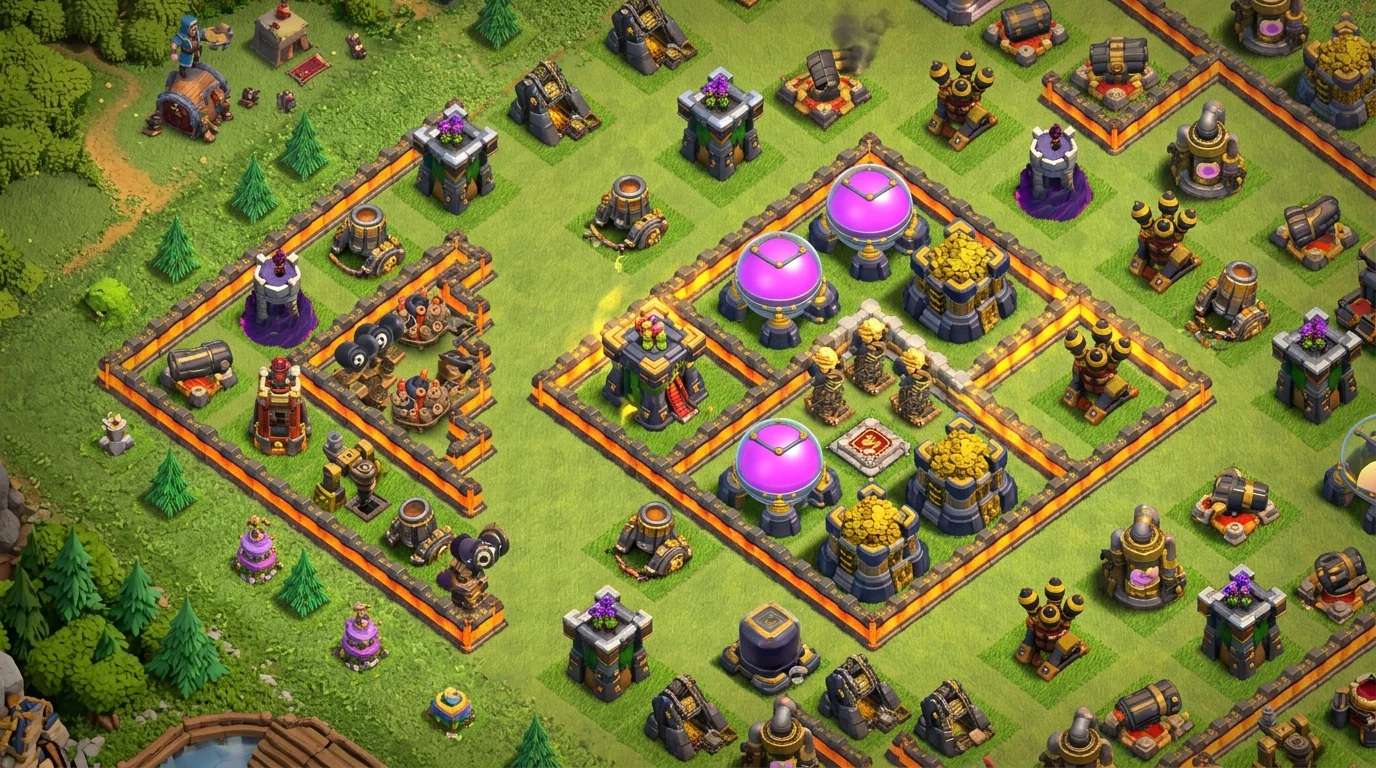 Clash of Clans TH17 base trap placement showing Giant Bombs and Spring Traps in storage defense corridors with Multi-Gear Tower position