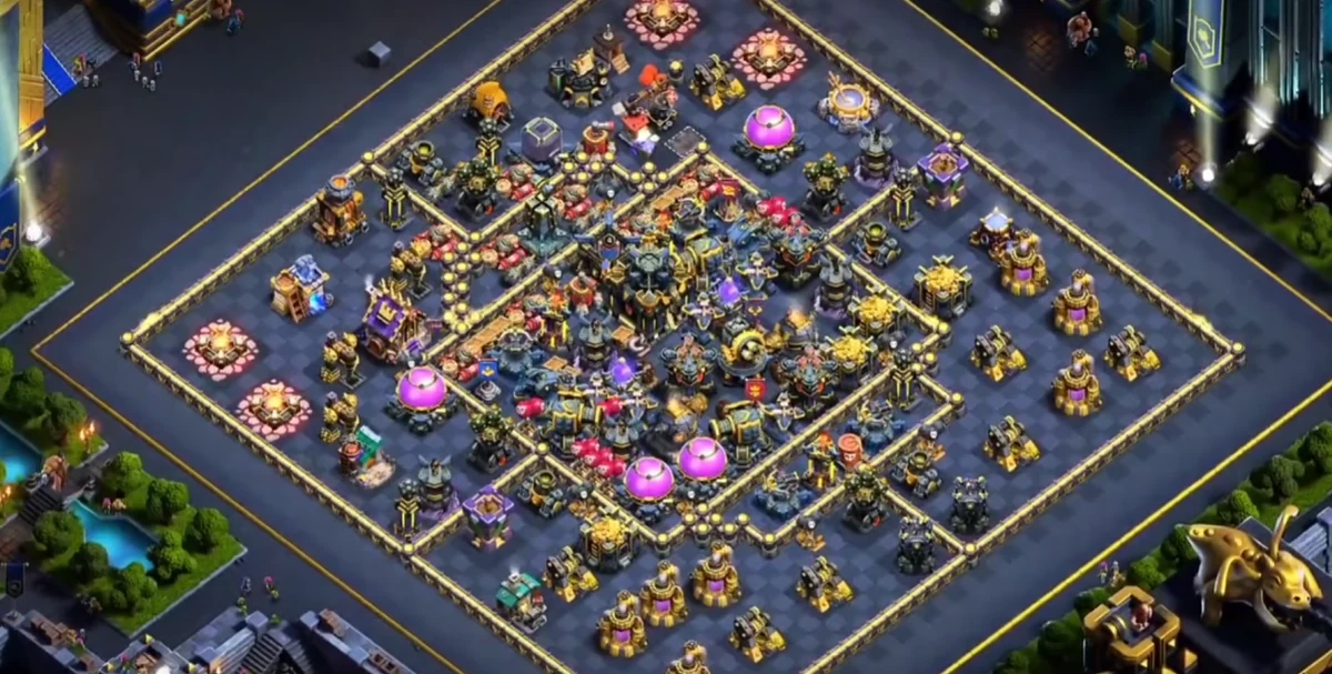 Top-down view of TH17 war base alternate layout showing compartmentalized design with central core defenses, designed for anti-3-star defense in ranked and CWL play