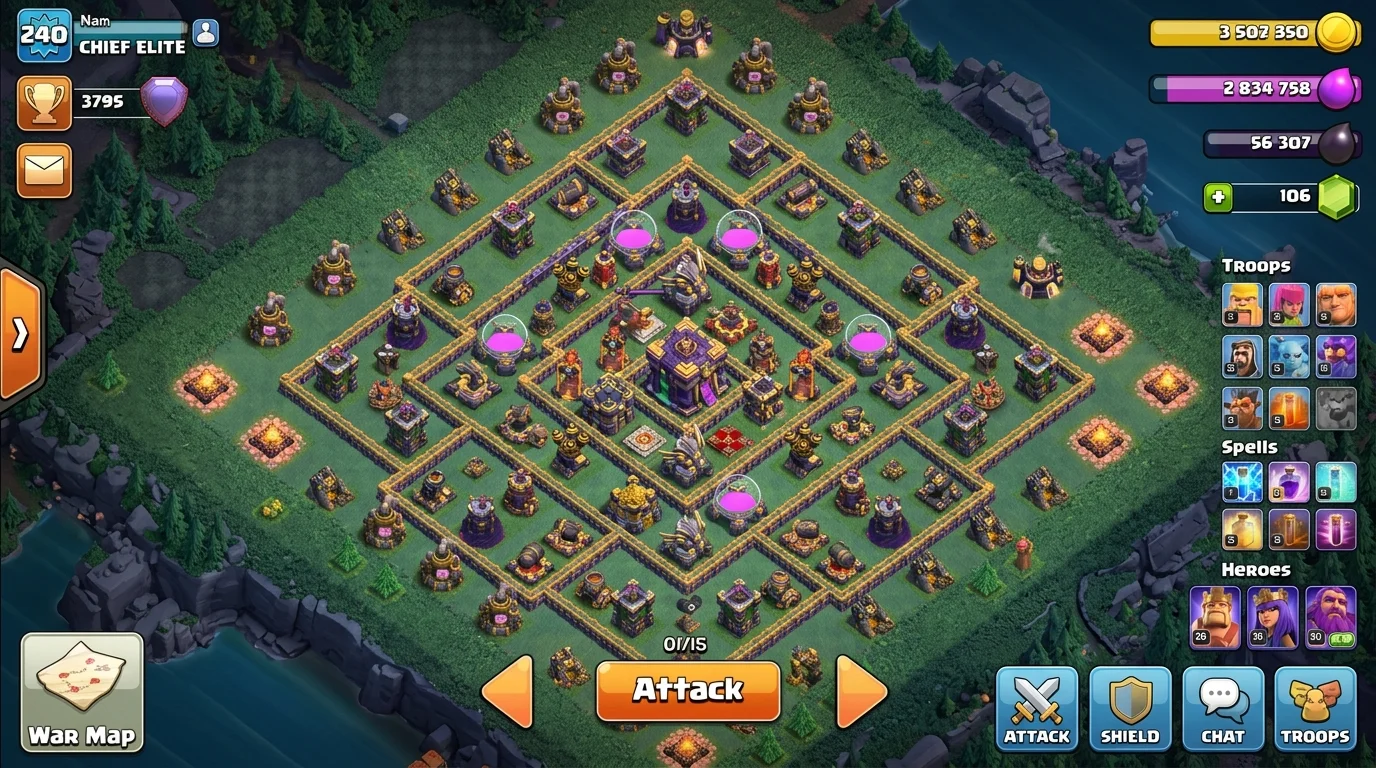 Aerial view of a medieval walled castle surrounded by a river in Ghent Belgium evoking the strategic top-down layout planning of Clash of Clans base design