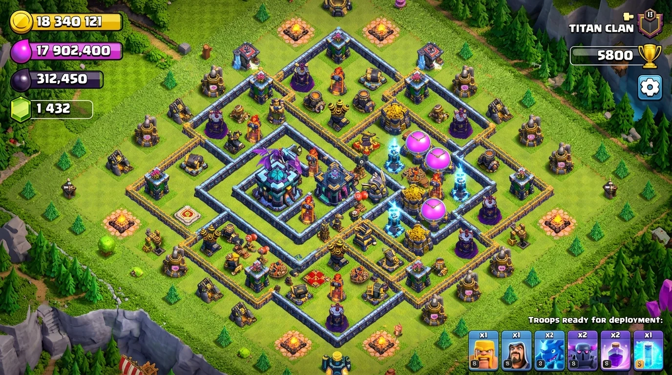 Medieval castle with a stone drawbridge spanning a wide moat representing the layered defensive compartments of a well-designed Clash of Clans war base
