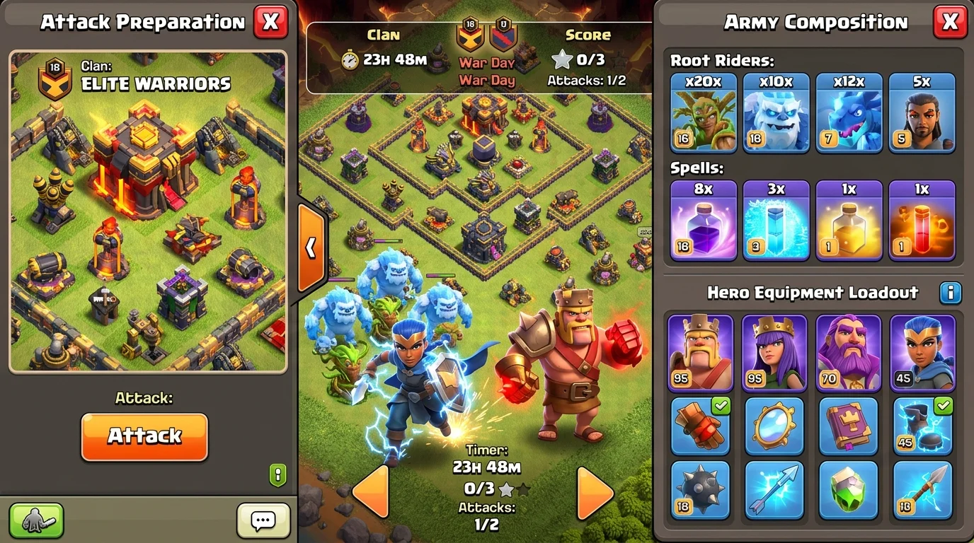 Clash of Clans TH18 war attack army composition with Royal Champion using Electro Boots and Super Yetis ready to deploy