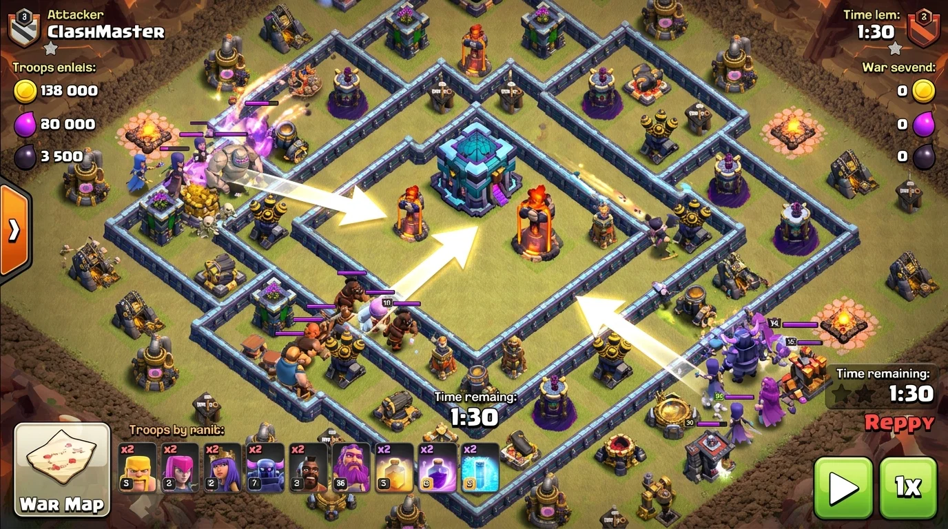Clash of Clans TH18 base funneling diagram showing kill squad groups clearing edges with clear pathing into the base core with Monolith visible