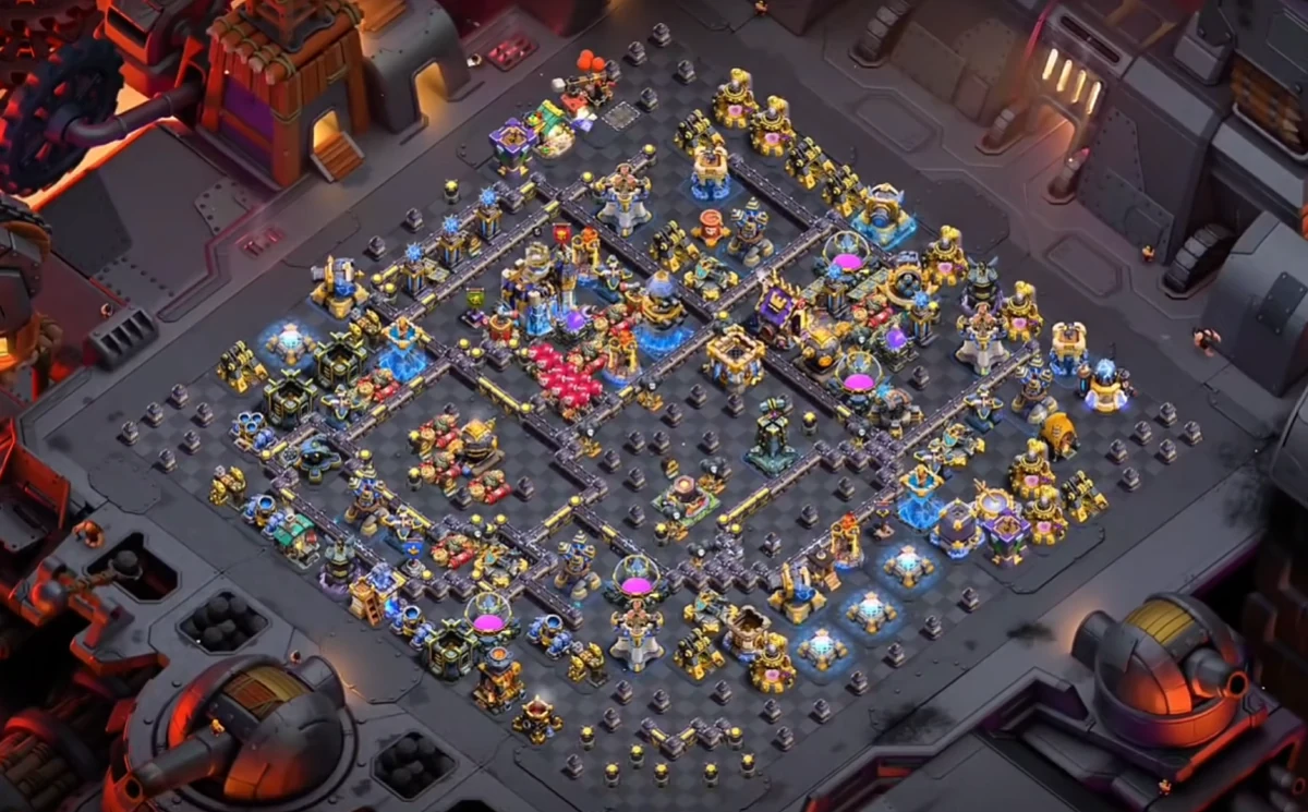 TH18 CWL Base layout with vertical split Scattershot placement and corner Spring Traps, designed as a swap base that opponents have not scouted