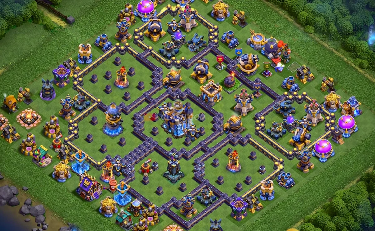 TH18 Farm Base with centered Dark Elixir storage, split Gold and Elixir storages in opposite compartments, and Invisibility Spell Tower coverage on the inner ring
