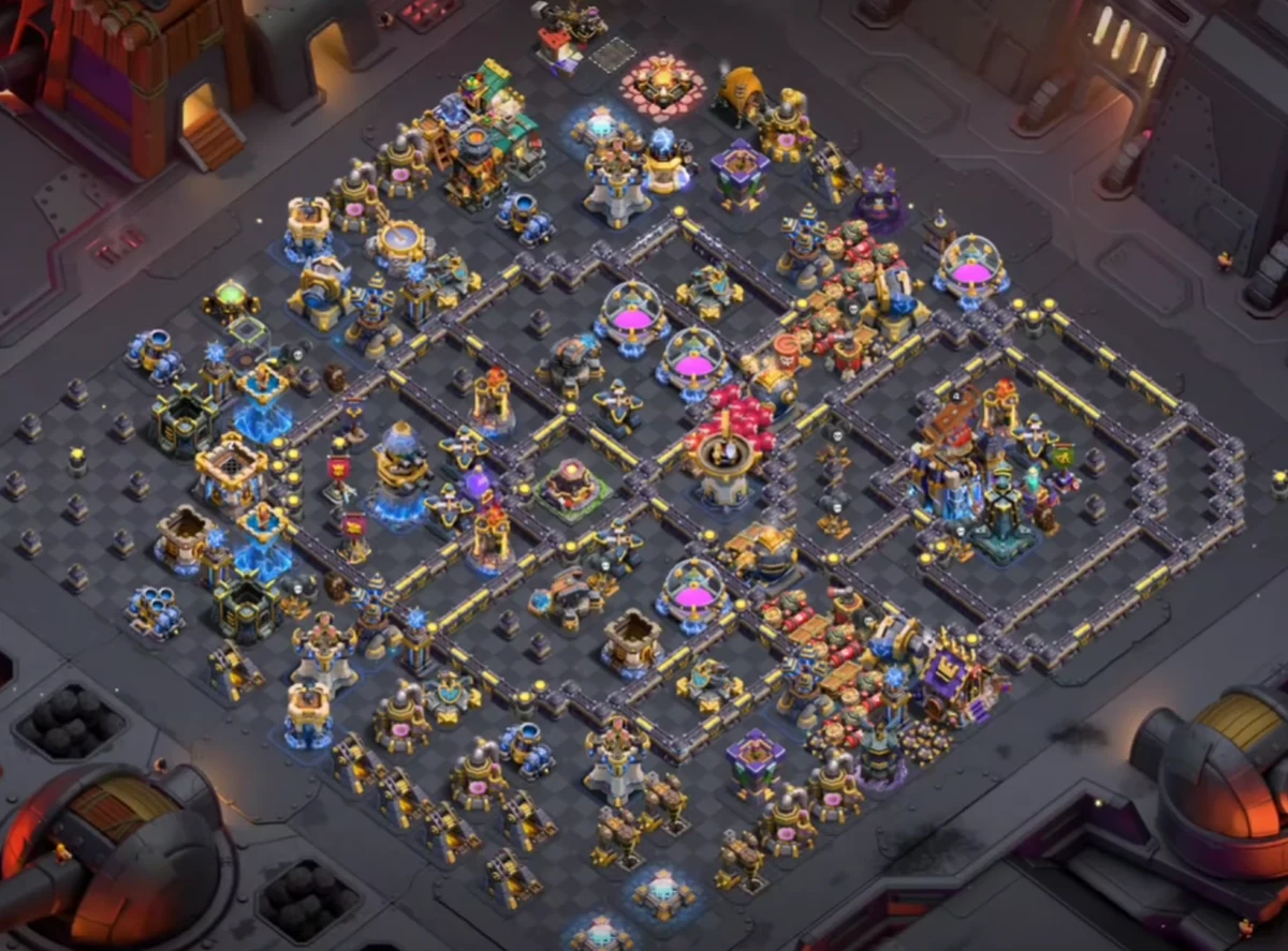 TH18 Trophy Base layout with off-center Town Hall, tight inner ring of clustered Eagle Artillery and Scattershots, designed for Legend League 1-star defense holds