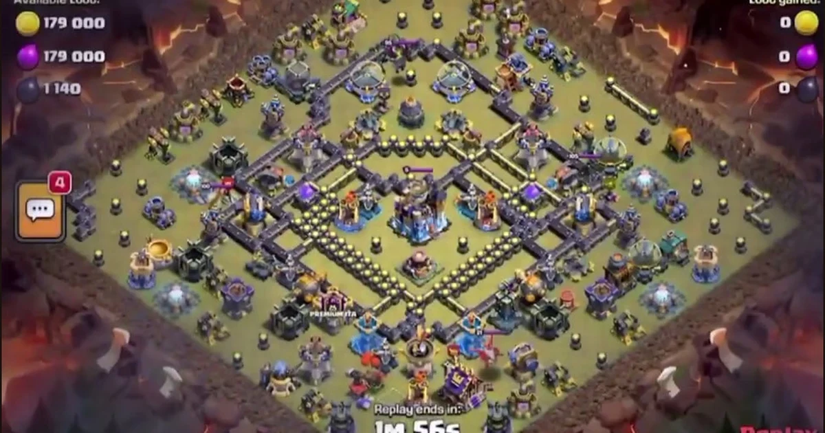 TH18 CWL anti-3-star box base layout with isolated Town Hall, Eagle Artillery in dead zone, and stacked traps around the core