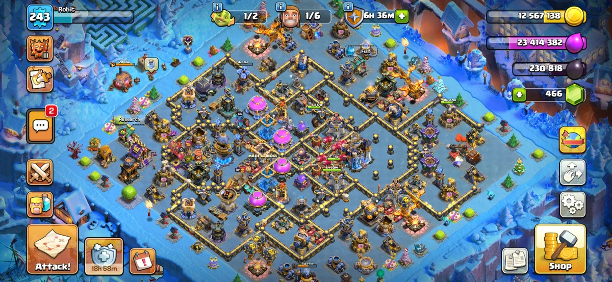 TH18 farming base village with full Gold and Dark Elixir storages, decorations, walls, and active builder huts in a snow-themed scenery