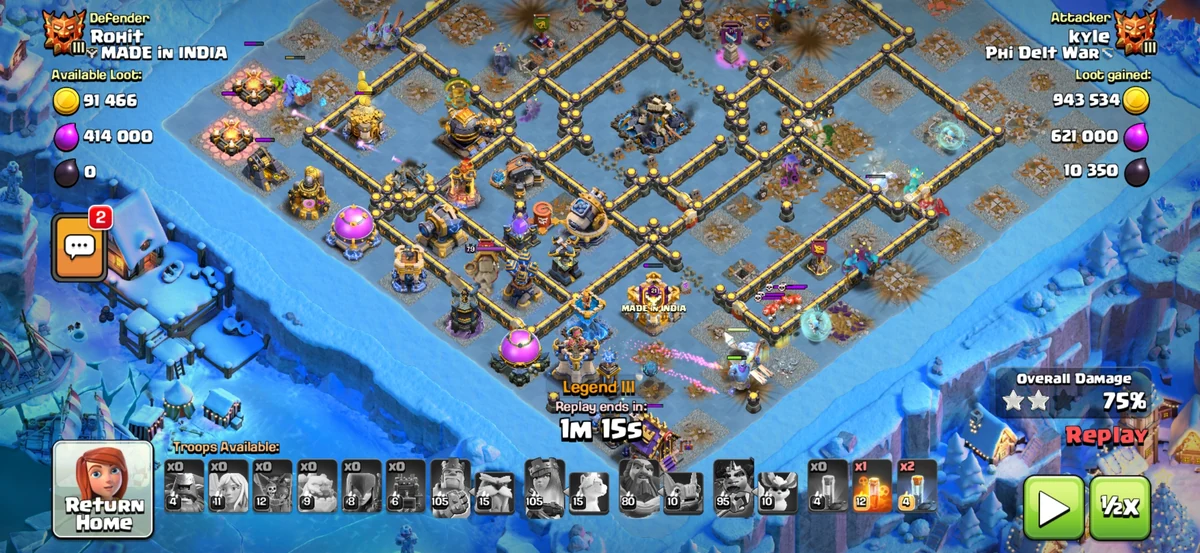 TH18 farming base mid-defense replay showing an attacker with 75 percent damage and only 2 stars, with stolen loot below maximum potential