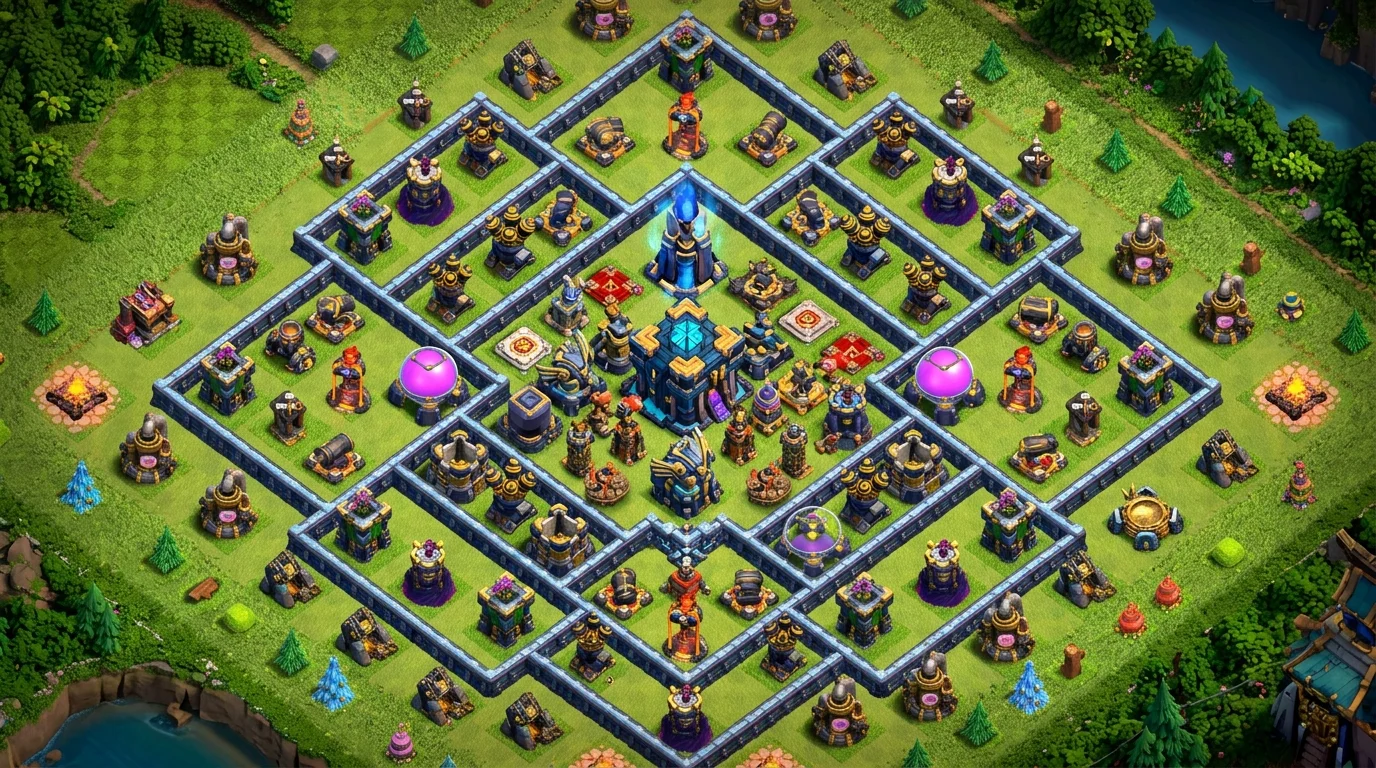 Clash of Clans TH18 trophy base top-down view with multi-layered defenses, centralized Monolith and Eagle Artillery, designed for Legends League trophy defense