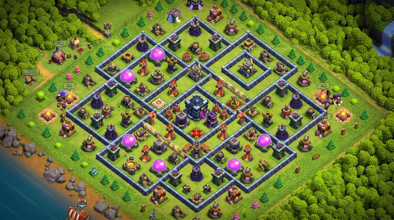 Clash of Clans TH18 base layout showing dual Eagle Artillery placement on opposite quadrants with centralized Monolith and multi-layer wall compartments for Legends League defense
