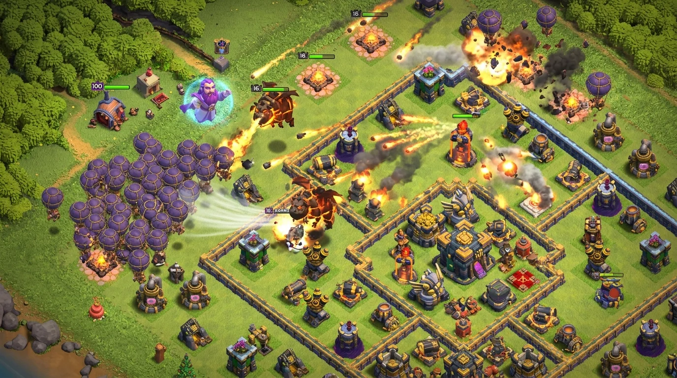Clash of Clans TH18 base under air attack showing Lava Hounds tanking Air Defenses while Seeking Air Mines and Air Sweepers counter the Balloon push