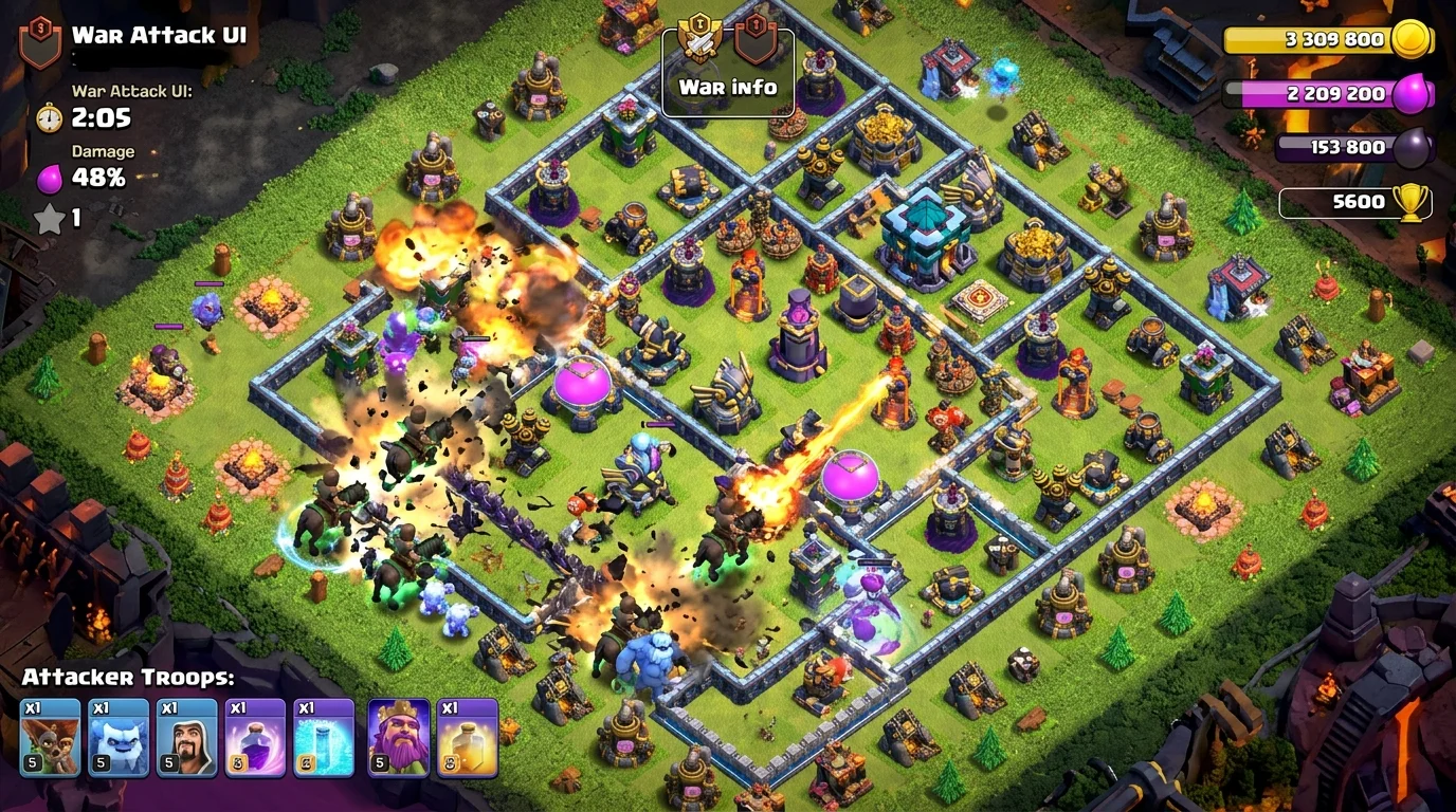 TH18 war base core design showing separated Air Defenses and triple-layer compartments around Town Hall