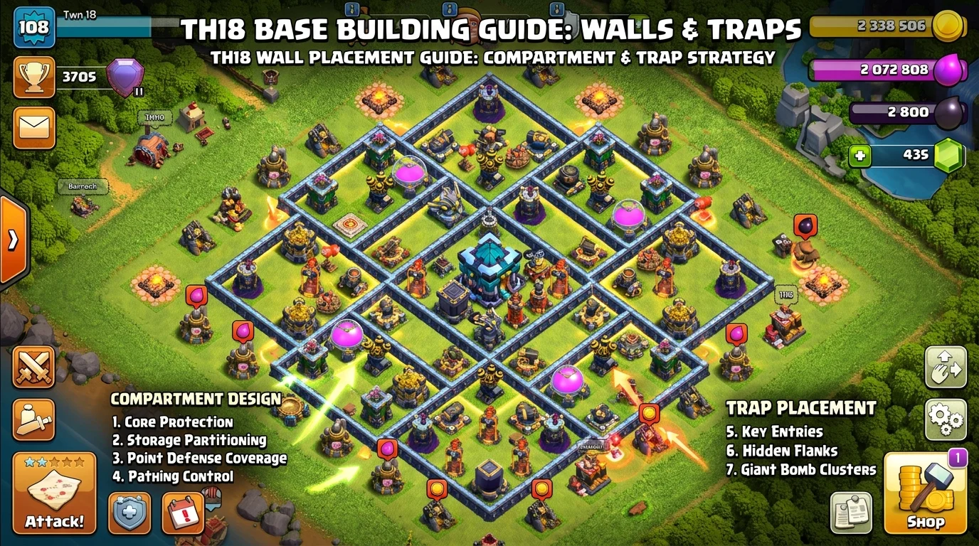 TH18 base layout showing spread Air Defense placement and Air Sweeper positioning against Electro Dragon attacks